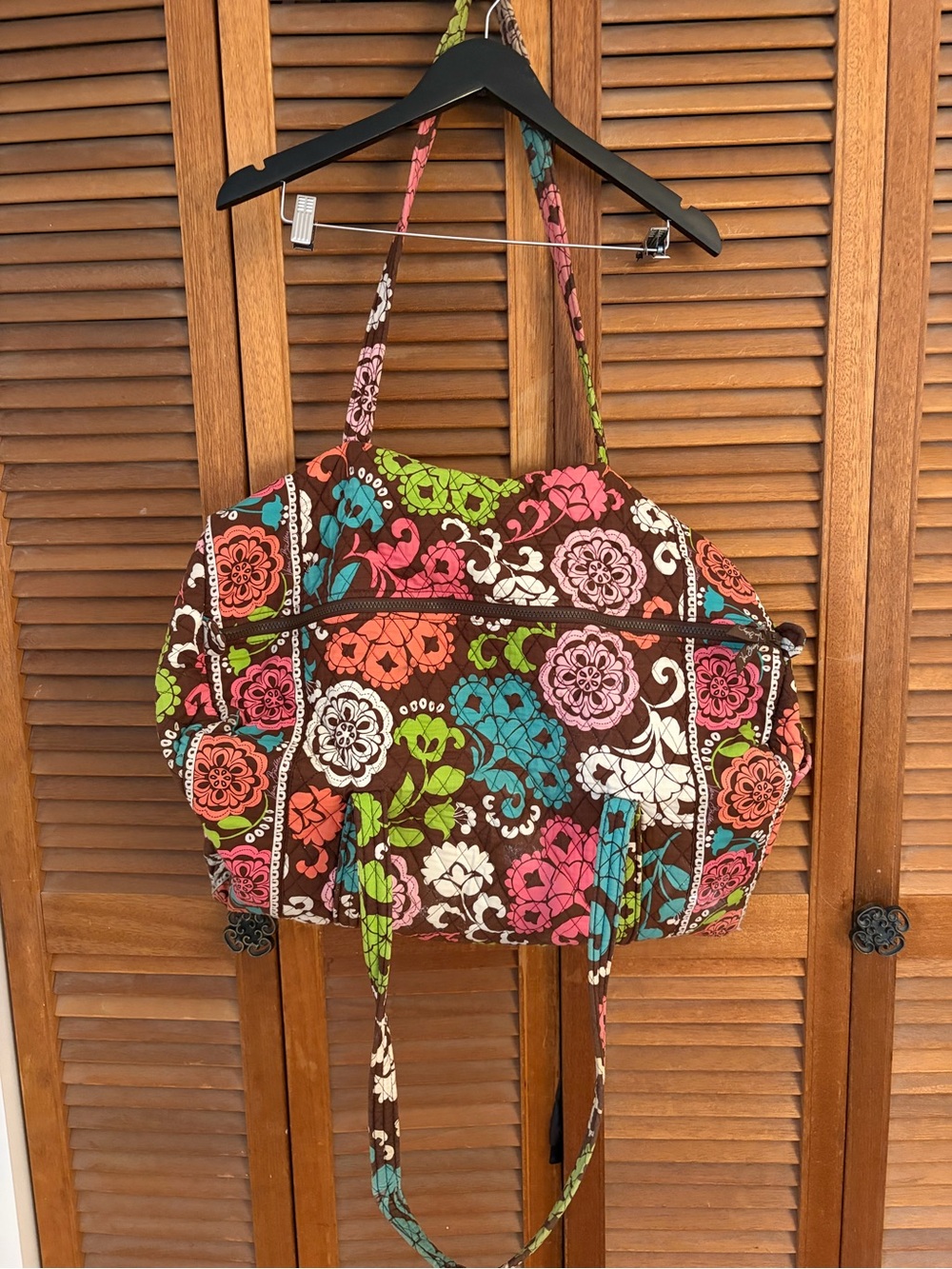 Vera Bradley Brown Quilted Floral Tote with Pink, Green & Blue Accents